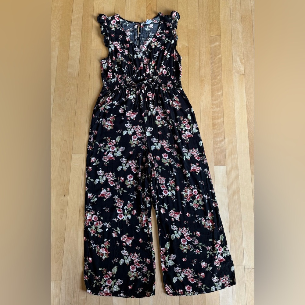 Xhilaration Pink and Black Floral Romper with Flowing Silhouette